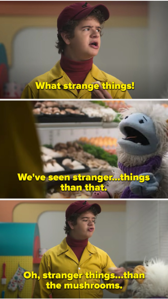 Three screenshots from &quot;Waffles + Mochi&quot; on Netflix, featuring Gaten Matarazzao — from &quot;Stranger Things&quot; — making a Stranger Things-related food pun