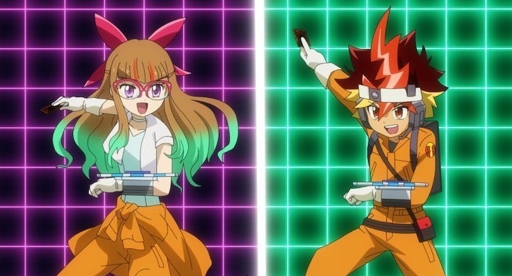 Two Yu-Gi-Oh characters preparing to duel