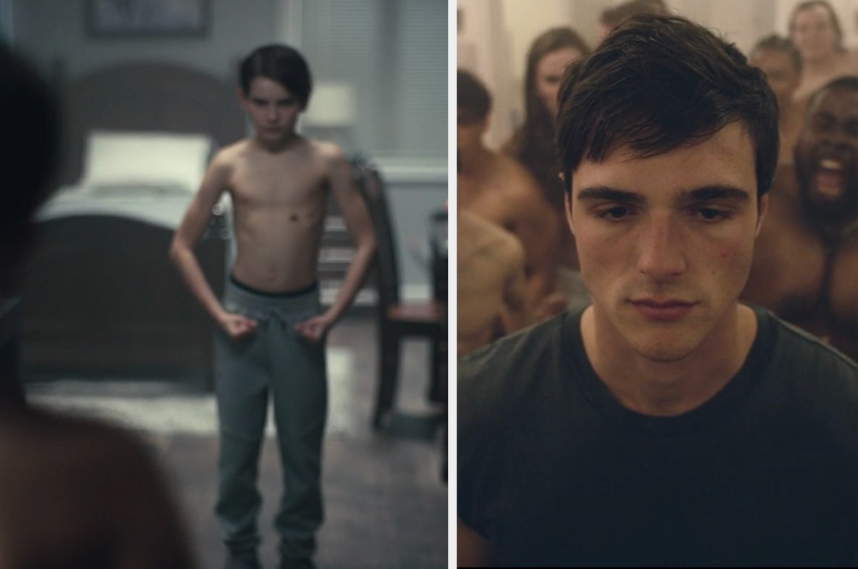 (Left) Young Nate Jacobs flexes the mirror in &quot;Euphoria&quot; (Right) Jacob Eldori as Nate is uncomfortable in the locker room in &quot;Euphoria&quot;