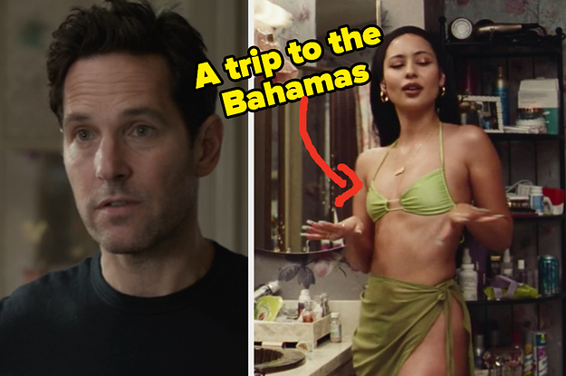 A close up of Scott Lang as he looks concerned and Maddy Perez wears a bikini top and wrap skirt