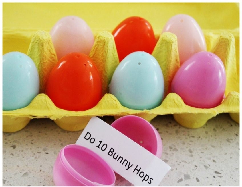Blogger&#x27;s photo of the plastic eggs in a tray with one egg open showing an activity inside