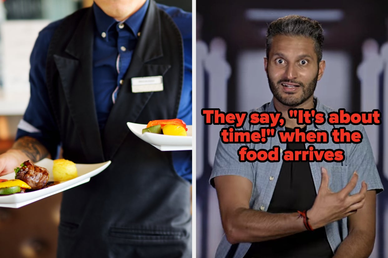 waiter serving food and Shake from "Love Is Blind" captioned "they say 'it's about time!' when the food arrives"