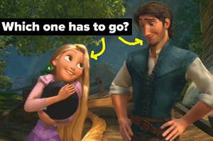 rapunzel and flynn with the question, which one has to go