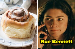 On the left, a cinnamon roll on a plate, and on the right, Rue from Euphoria with a cellphone on her ear