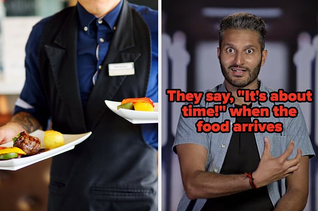 waiter serving food and Shake from "Love Is Blind" captioned "they say 'it's about time!' when the food arrives"