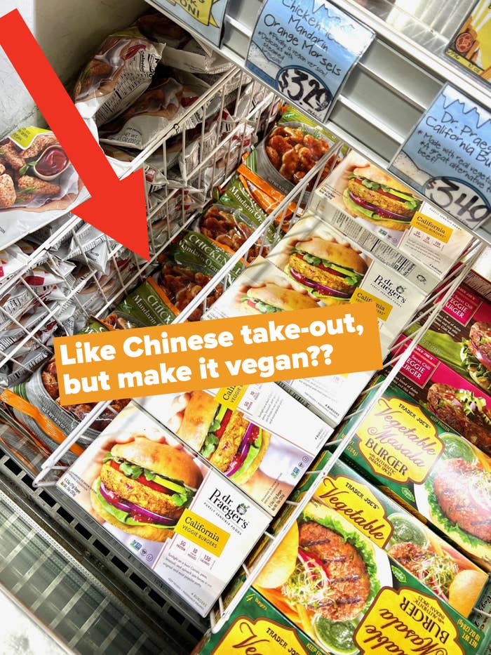 Meatless selection in the frozen aisle at Trader Joe&#x27;s.