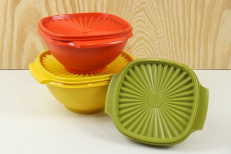 Red, yellow, and green colored 1970s tupperware