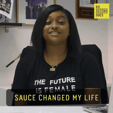 A Woman Looks Into The Camera And Says Sauce Changed My Life