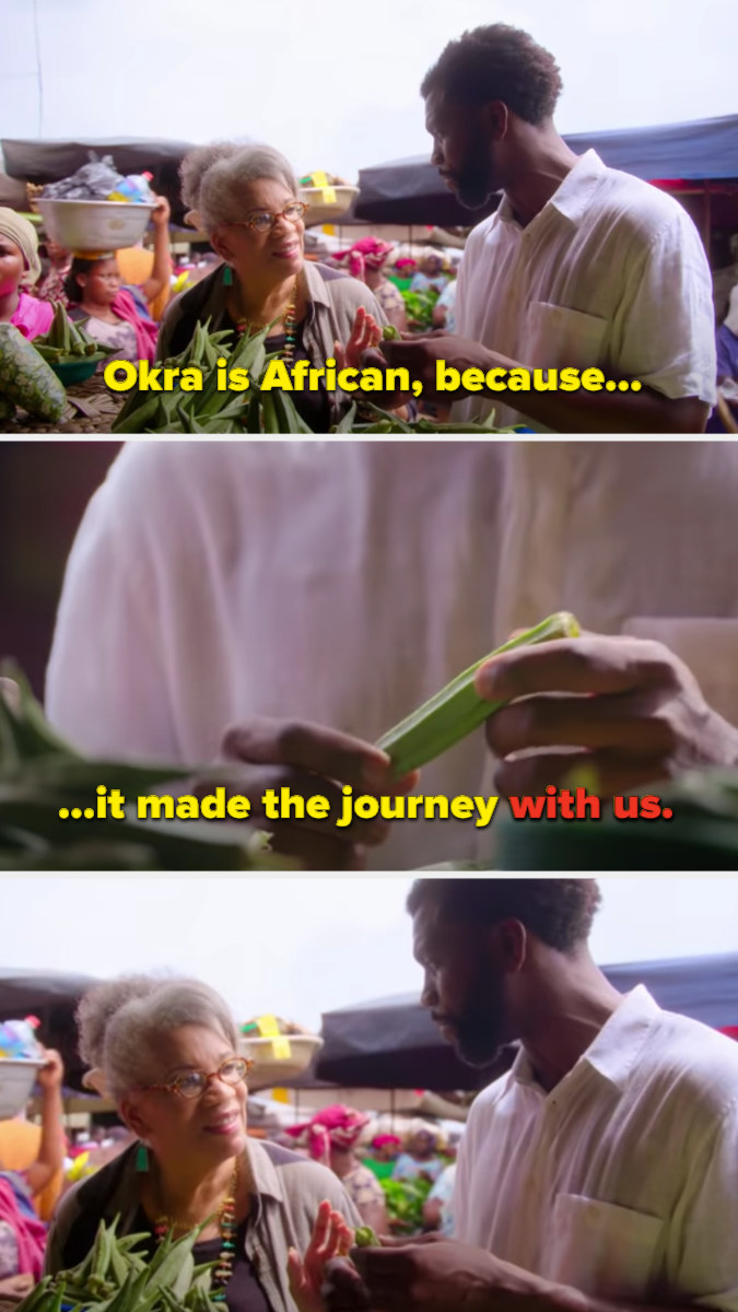 Host of &quot;High on the Hog&quot; talking to a woman about okra at a market, saying, &quot;Okra is African, because it made the journey with us&quot;