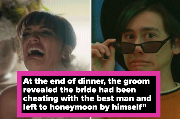 A crying bride and a person lowering their shades and giving a look like "yikes" with text that talks about how a groom revealed the bride had been cheating with the best man
