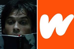 damon salvatore reading on the left and the wattpad logo on the right