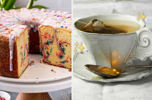funfetti cake on the left and a cup of tea on the right