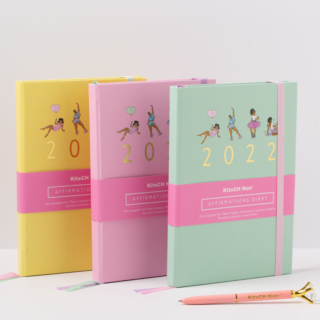 The affirmation diaries come in three colours – yellow, pink and mint green.