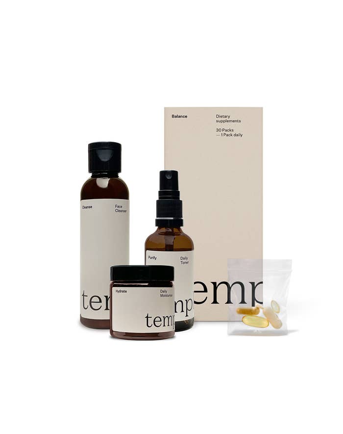 A product shot of Join Temple&#x27;s range. It includes face cleanser, moisturiser and toner.
