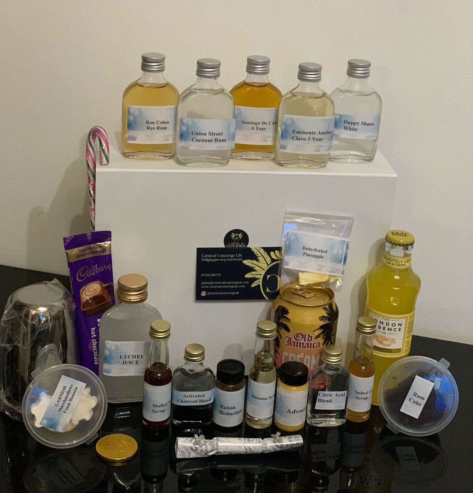 The contents of an at-home cocktail kit from Carnival Concierge.