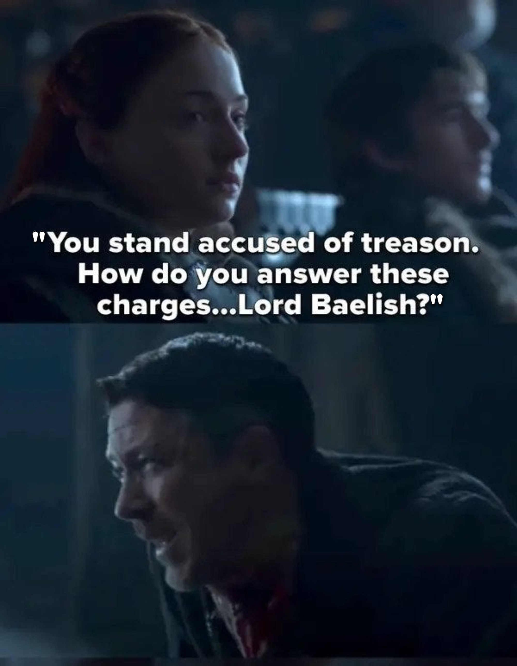 Sansa asks how the accused answers the charges of treason, then turns to Littlefinger, who Arya kills