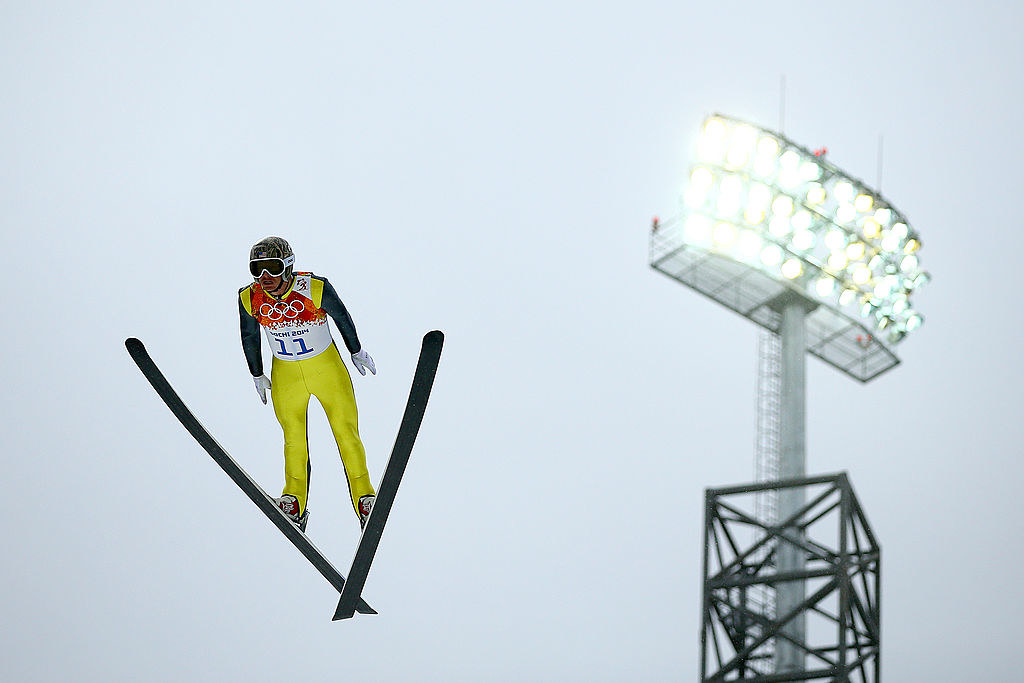 A ski jumper in midair