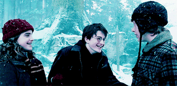 harry, hermione, ron laughing in the snow