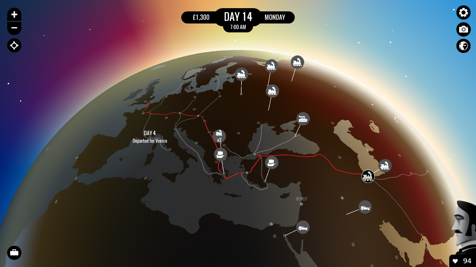 Gameplay showing the travel route across the globe
