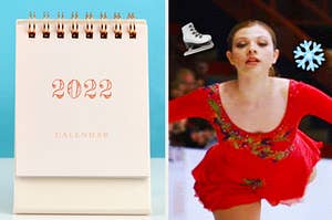 a 2022 calendar on the left and michelle from ice princess ice skating on the right