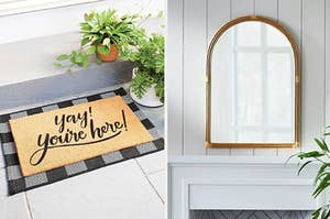 black and white checkered doormat and arched mirror