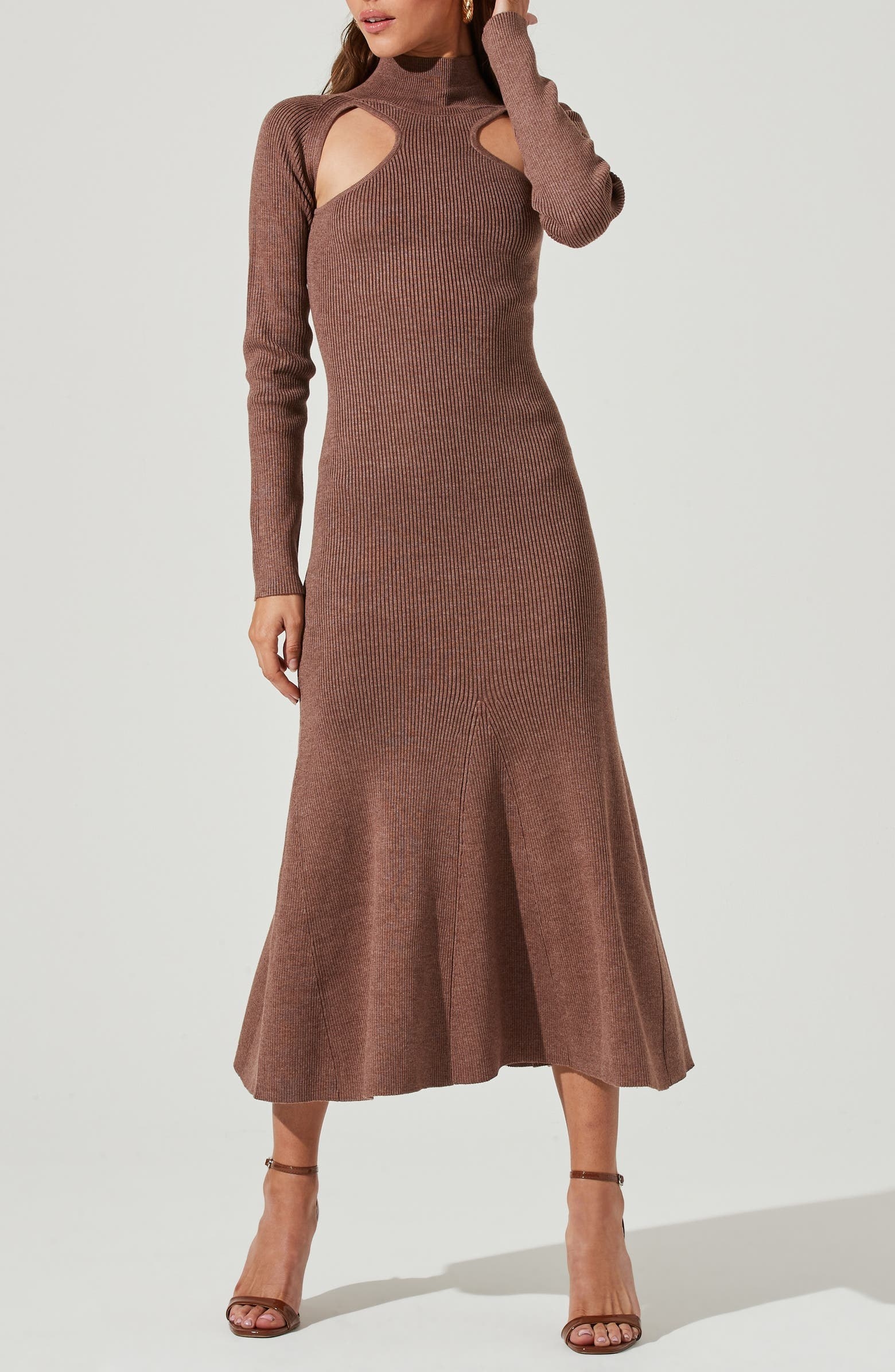 A model wearing the dress in brown