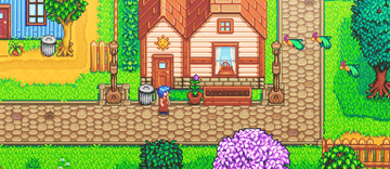Birds flying over the town as a woman waves up at the camera in the town of &quot;stardew valley&quot;
