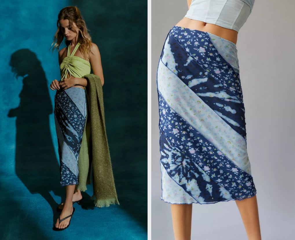 side-by-side of model wearing the blue colorblock mesh midi skirt in a dark room and a torso shot