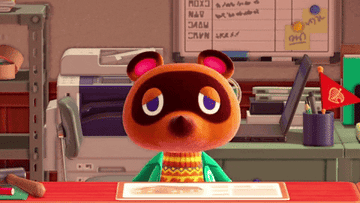 Tom Nook from &quot;Animal Crossing&quot; emoting surprise