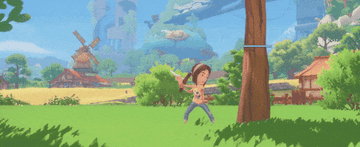 Gameplay of a woman chopping a tree with a farm and windmill in the background
