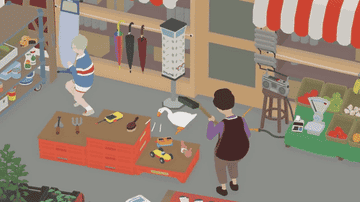 Gameplay of a goose chasing a man in a shop while being chased by a woman with a broom