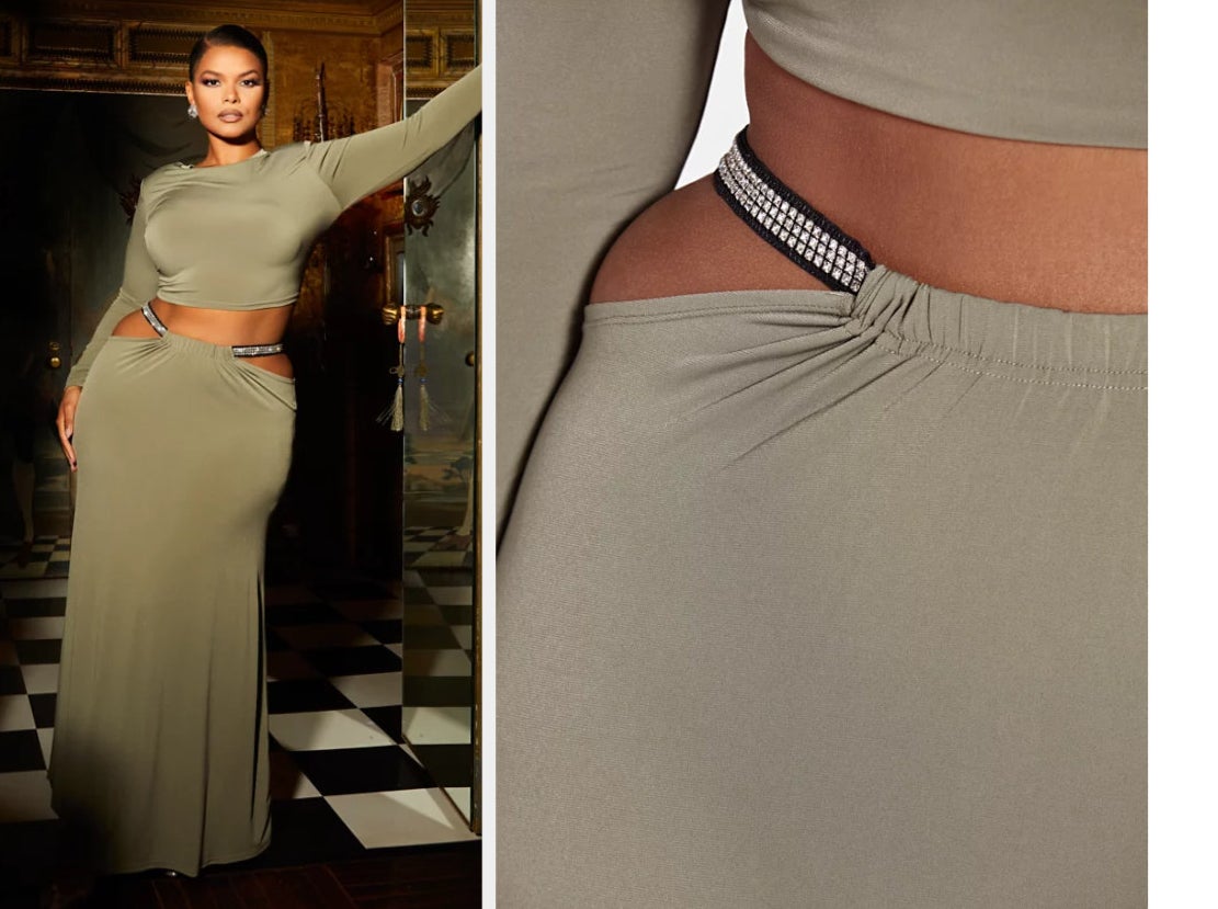 collage of model wearing olive green maxi skirt with rhinestone trim and matching top, and then closeup of rhinestone waistband