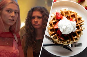 Jules Vaughn stands next to Rue Bennett at a fair and an overhead shot of a waffle topped with whipped cream