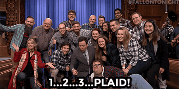 GIF of Jimmy Fallon and others saying, &quot;1...2...3...PLAID!&quot; on &quot;The Tonight Show Starring Jimmy Fallon&quot;