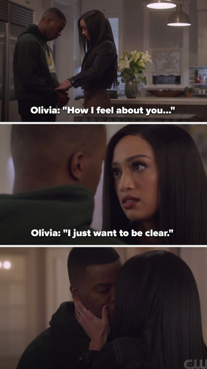 Olivia tells Spencer she wants to make her feelings about him clear, kisses him