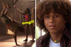 "omg" over corbin bleu doing a hand stand, next to corbin looking longingly