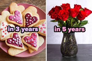 On the left, some heart-shaped sugar cookies with frosting and sprinkles labeled in 3 years, and  on the right, some roses in a vase labeled in 5 years