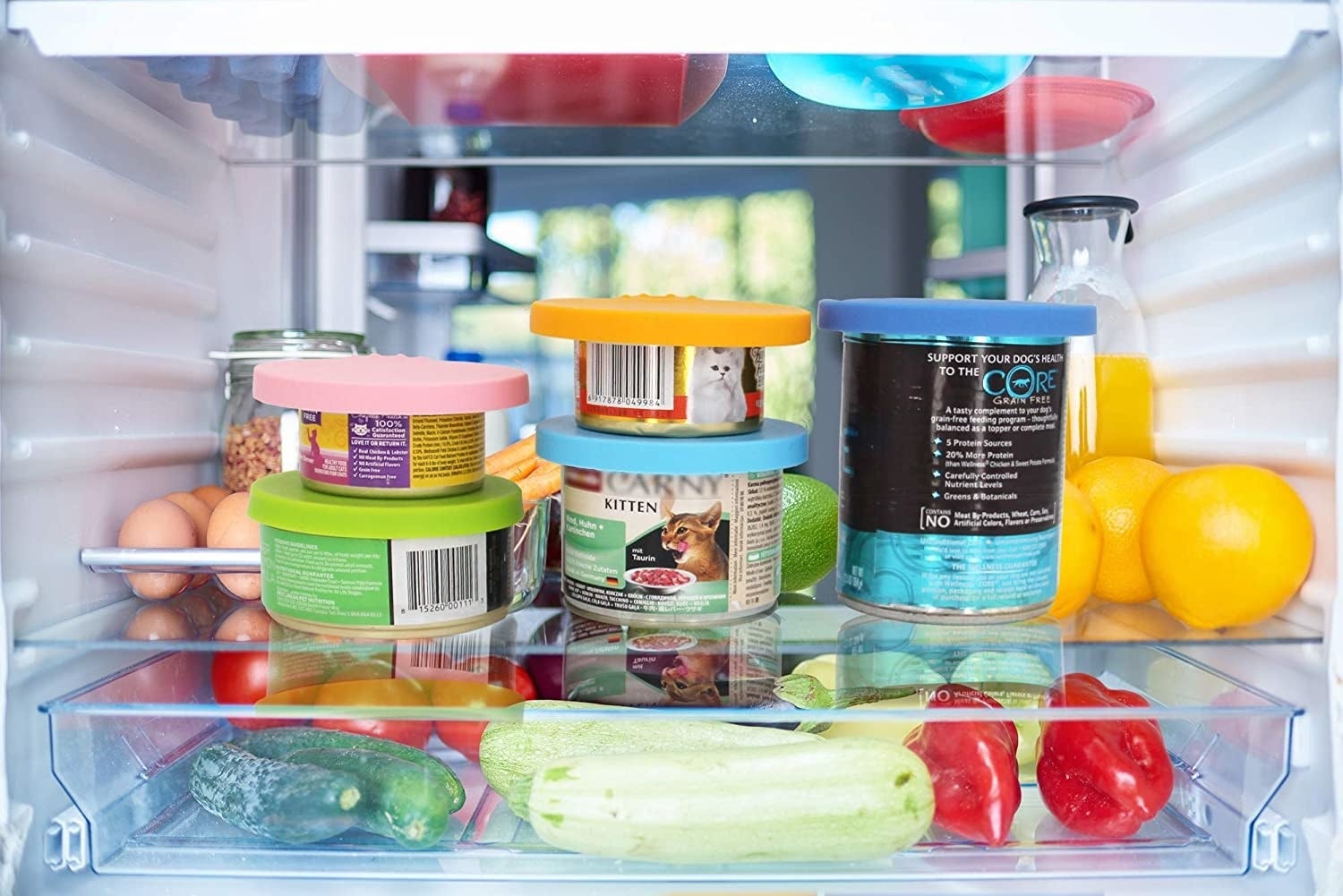 various cans of nutrient  successful  the fridge with silicone lids connected  them