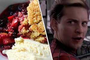 Raspberry crumble is on the left with Tobey as Spider-Man on the right