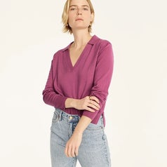 model wearing the purple sweater