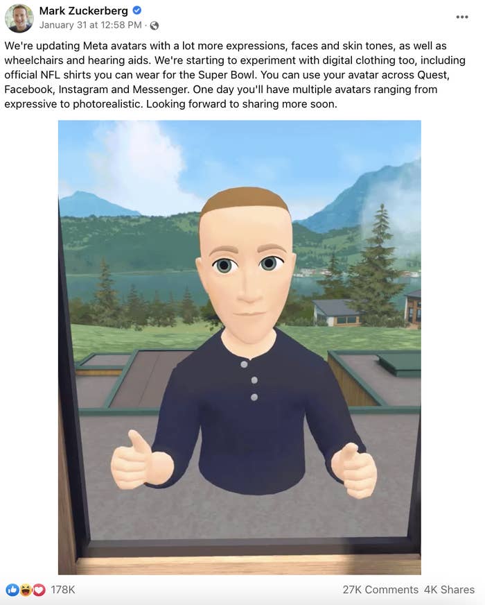 Mark Zuckerberg&#x27;s animated avatar gives a thumbs up 