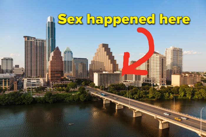 The skyline of Austin, Texas and the words sex happened here
