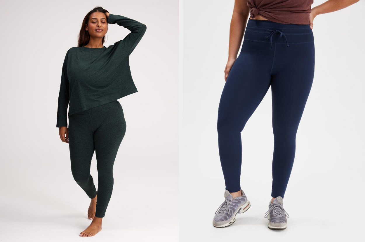 Model wearing emerald green leggings with matching long sleeve top, model wearing navy leggings with drawstring and sneakers