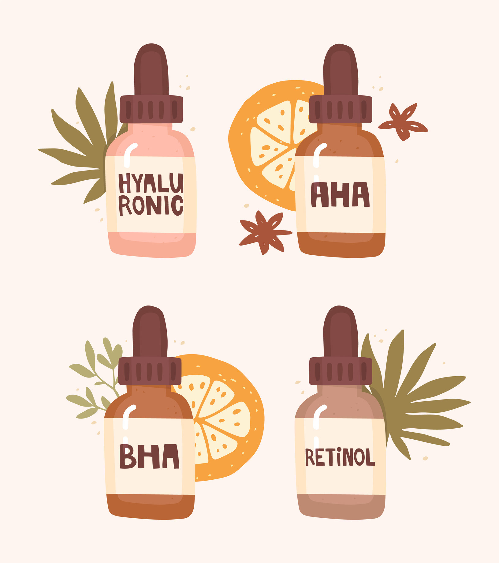 Set of four vector hand drawn glass bottles with a dropper. Cosmetic packaging, serum. Handwritten labeling hyaluronic, aha, bha acids, retinol. Tropical leaves and slices of orange, isolated objects