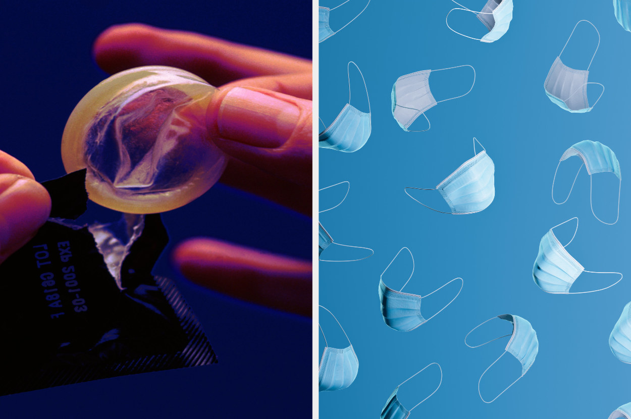 A person opening a condom on the left and a background face masks floating in the air on the right