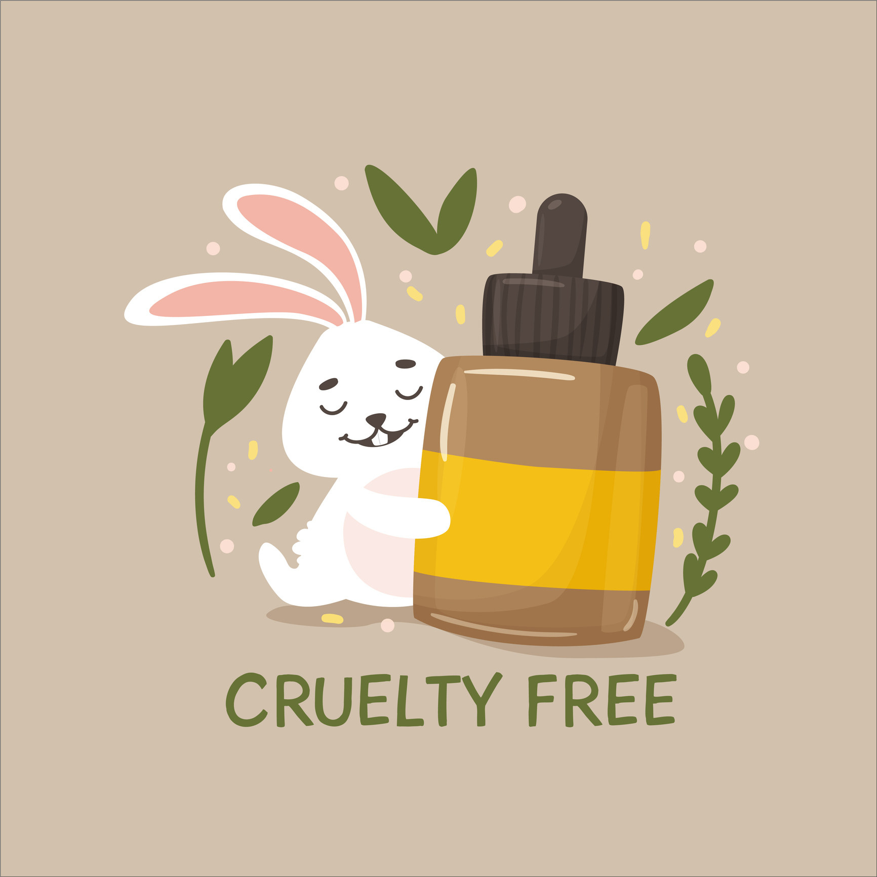 illustration of a bunny holding a bottle with the words that read cruelty free underneath the bottle
