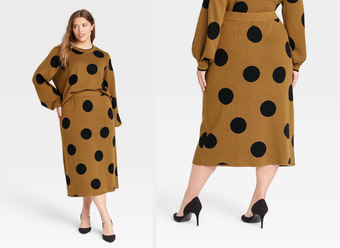 side-by-side of model wearing brown sweater skirt with large black polka dots