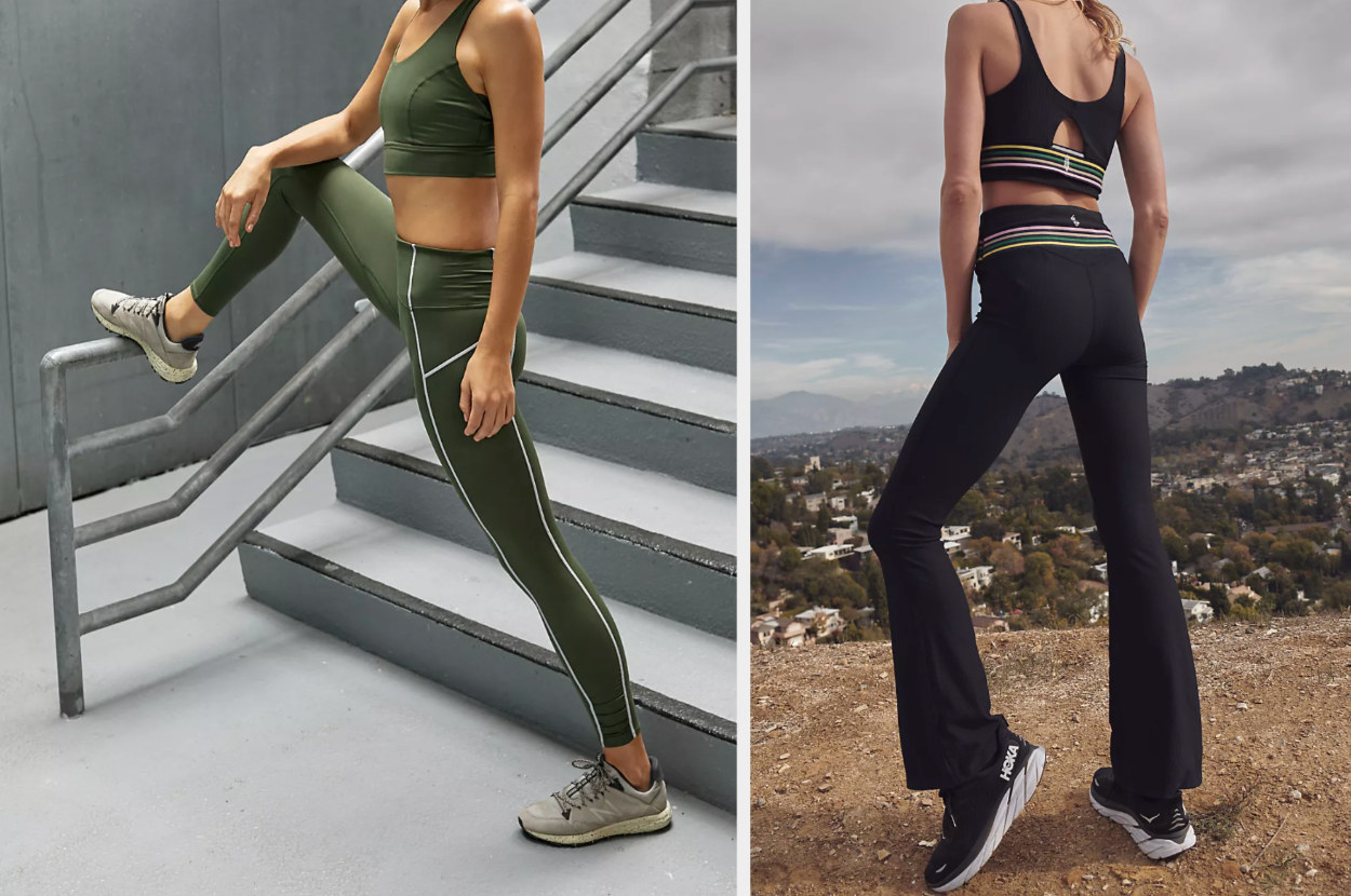 Model wearing green leggings with white stripes along side stretching on stairs, model wearing black flared leggings with multi-colored stripes on waist on top of mountain
