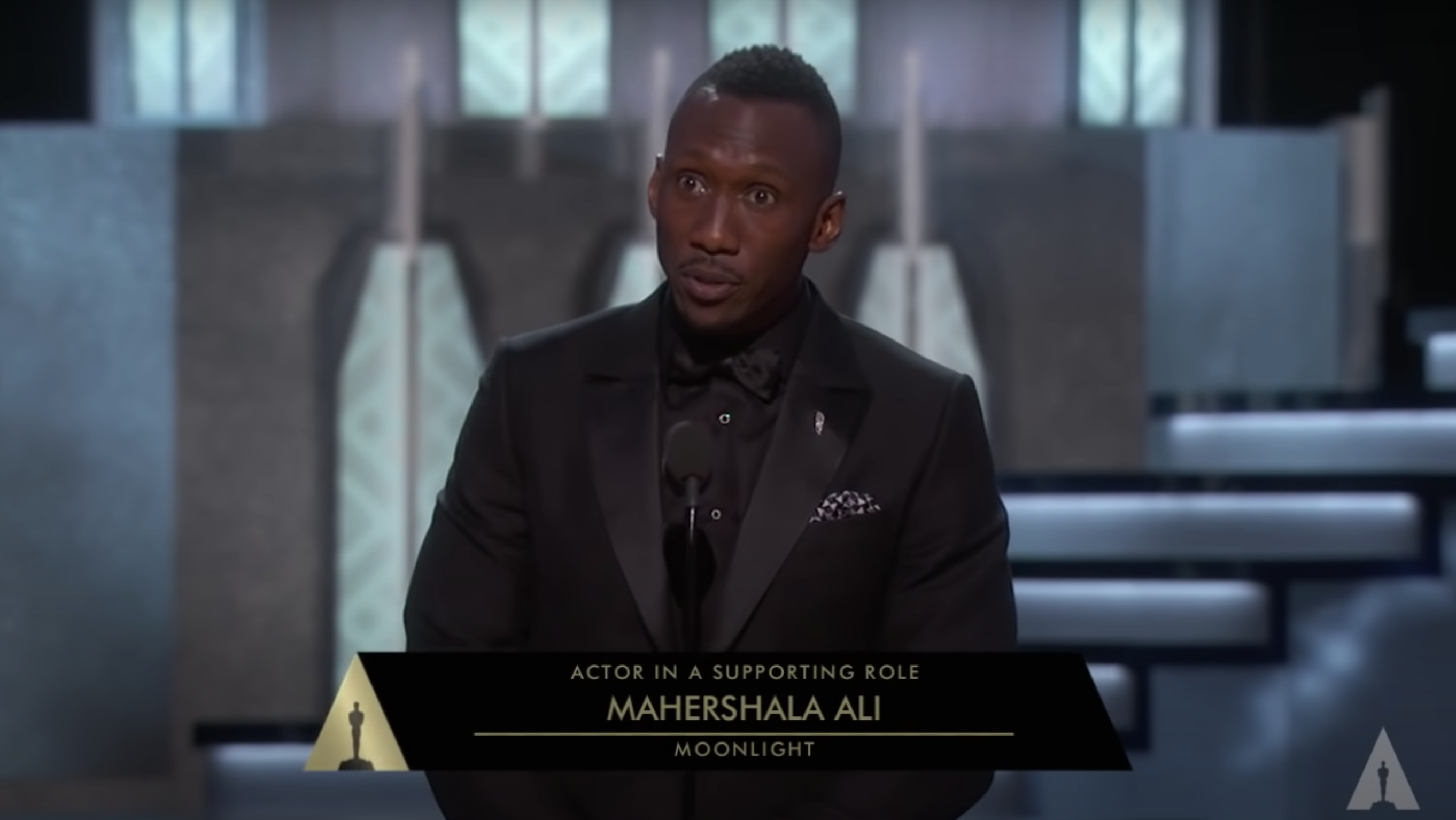 Mahershala accepting his Oscar