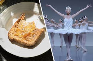 A piece of half eaten buttered toast and Taylor Swift wears a ballerina costume and pointe shoes
